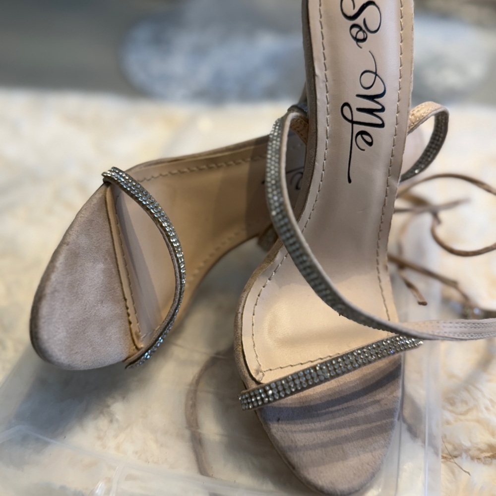 So Me Beige Strappy Heels with Rhinestones. Only used once